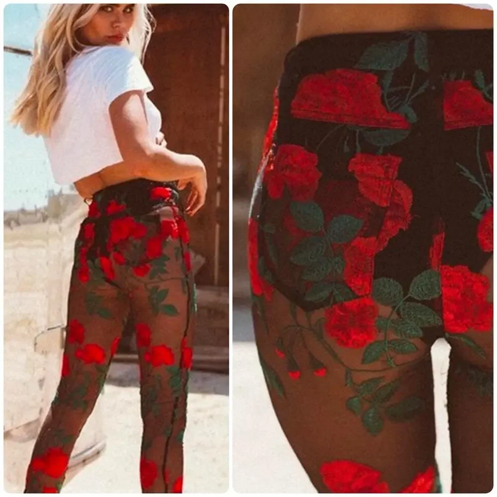 JAGGER & STONE Sheer Red Rose Embroidered Mesh Pants Zip Ankles Floral Size S - Picture 2 of 11